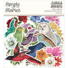 Simple Vintage Essentials Color Palette - Simple Stories - Bits & Pieces Die-Cuts 45/Pkg - Floral & Birds (9982)
