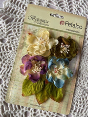 Petaloo - Botanical Collection - Faux Dried Blooms 4/pkg - Grey Blue/Purple/Green/Ivory (6747)