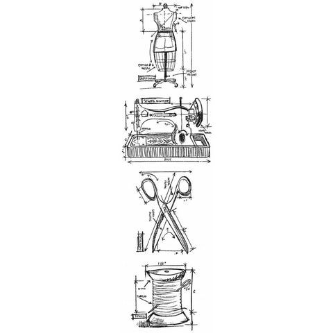 Tim Holtz - Mini Blueprints Strip Cling Stamps 3"X10" - Sewing