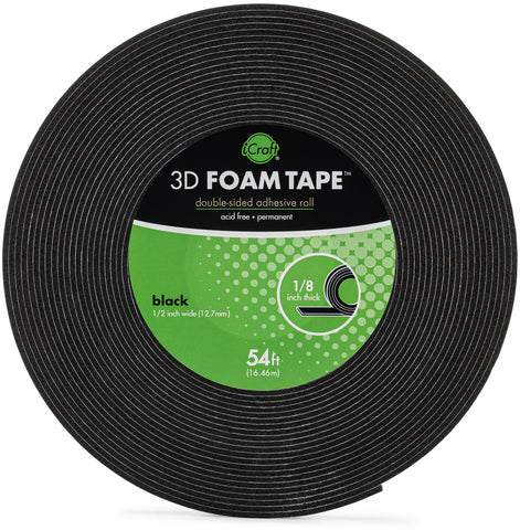 iCraft - 3D Foam Tape - Black (1/8" Thick x 1/2"wide x 54' long) (6119)