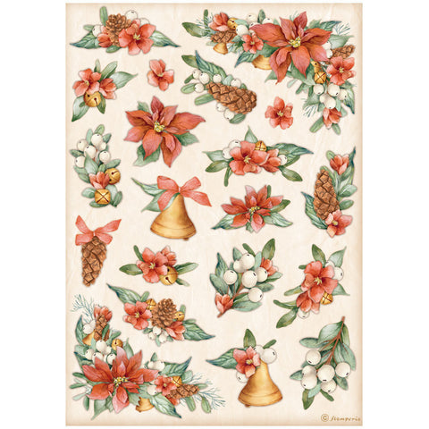 All Around Christmas - Stamperia - A4 Rice Paper - Poinsettia and Bells (9137)