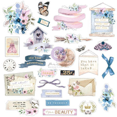 Watercolor Floral - Prima Marketing - Cardstock Ephemera 25/Pkg - Shapes, Tags, Words, Foiled Accents (1473)