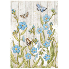 Romantic Garden House - Stamperia - A4 Rice Paper - Blue Flowers and Butterfly (4667)