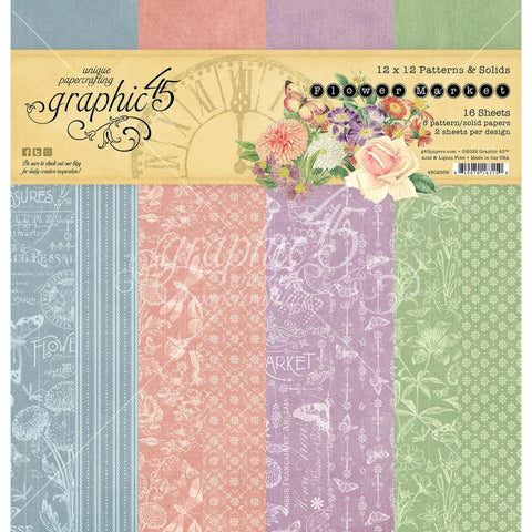 Flower Market - Graphic45 - Double-Sided Paper Pad 12"X12" 16/Pkg - Patterns & Solids